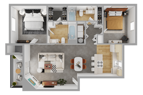 Floor plan for 2 beds, 2 baths, 989 sqft